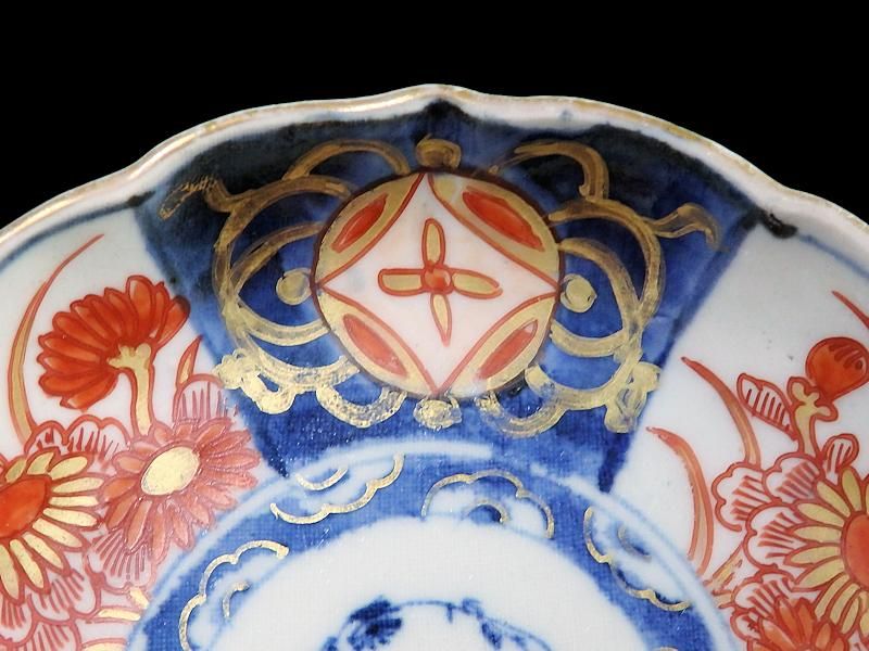 古伊万里 染錦 描分菊に七宝紋図 4寸皿 5枚セット