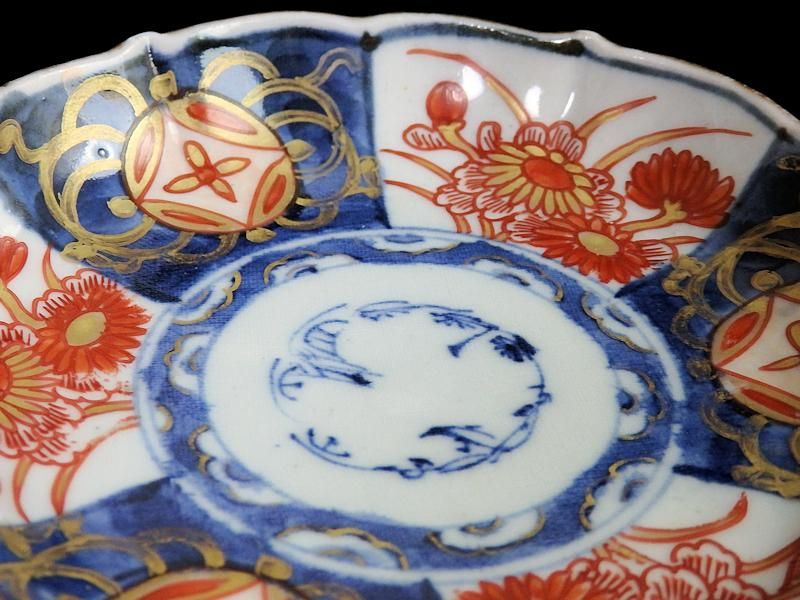 古伊万里 染錦 描分菊に七宝紋図 4寸皿 5枚セット