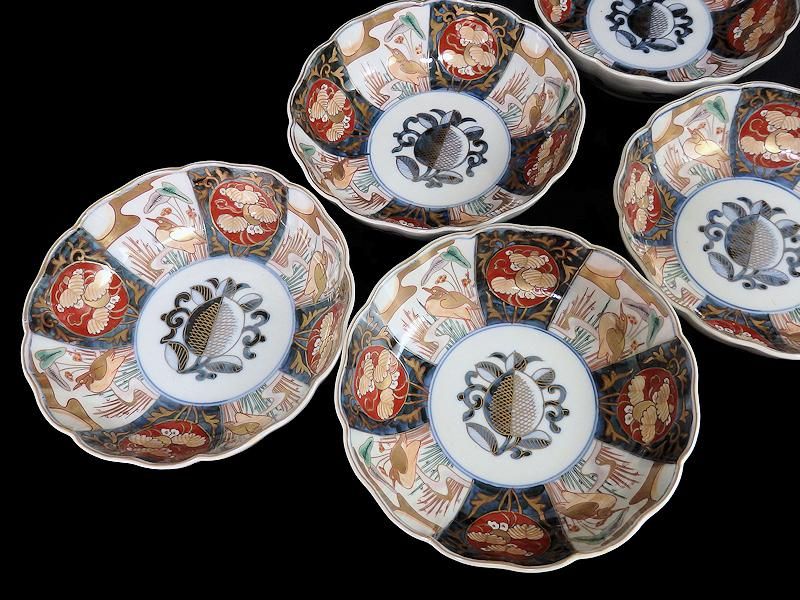 古伊万里 金襴手 月に鷺図 大振膾皿 5客セット
