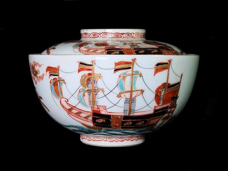 大聖寺伊万里 色絵 五艘船に南蛮人(7人描き)図 大振蓋茶碗 6客セット