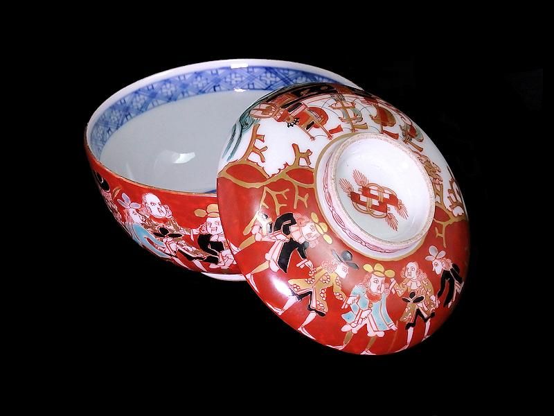 大聖寺伊万里 色絵 五艘船に南蛮人(7人描き)図 大振蓋茶碗 6客セット