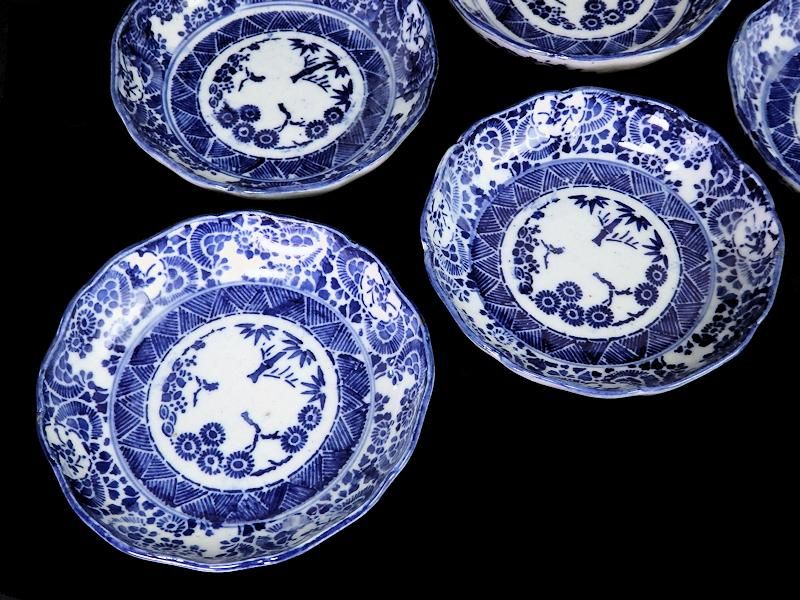 伊万里 ベロ藍 型刷印判 花に松竹梅図 小膾皿 5客セット