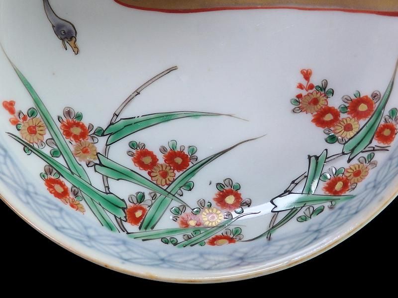 古伊万里 色絵 金雲に鶴 草花文図 5寸皿 4枚セット