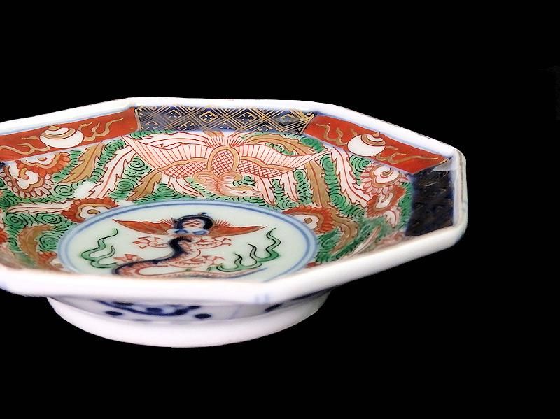 古伊万里 金襴手 鳳凰に龍図 八角4寸皿