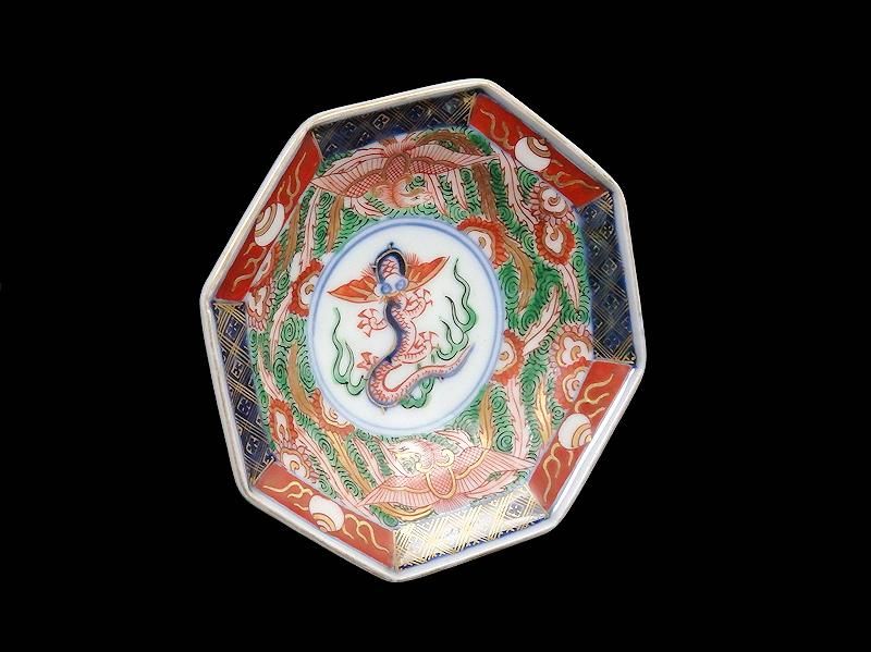 古伊万里 金襴手 鳳凰に龍図 八角4寸皿