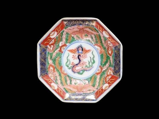 古伊万里 金襴手 鳳凰に龍図 八角4寸皿