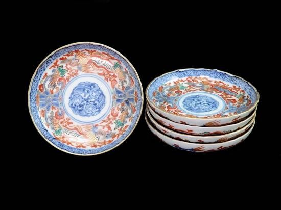古伊万里 金襴手 鳳凰に花図 4寸皿 5枚セット