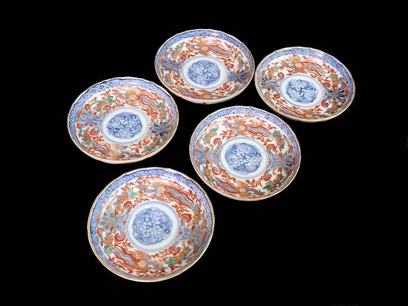 古伊万里 金襴手 鳳凰に花図 4寸皿 5枚セット