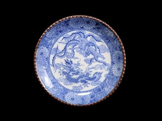 伊万里 染付 印判 鳳凰に龍図 7寸皿