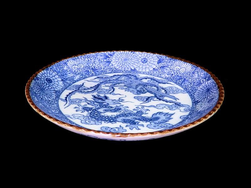 伊万里 染付 印判 鳳凰に龍図 7寸皿