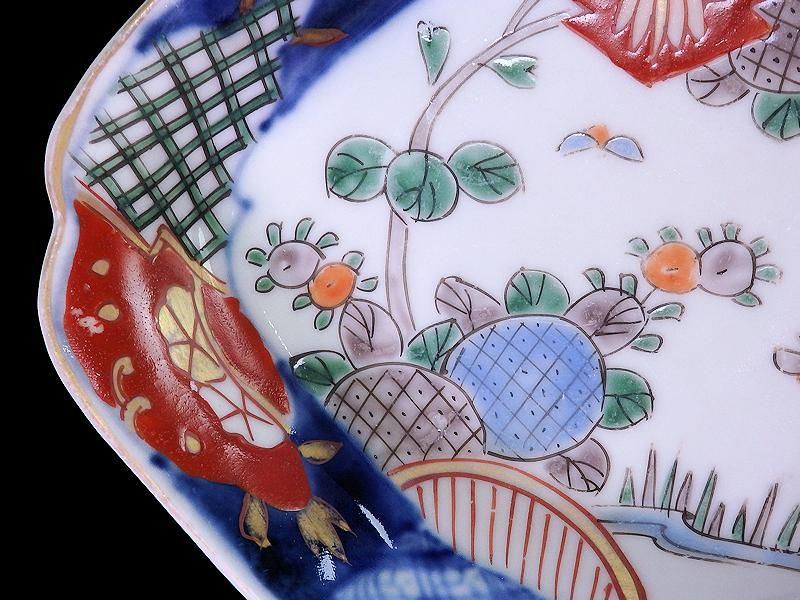 古伊万里 色絵 紫陽花に蝶図 松皮菱形変形皿 5客セット