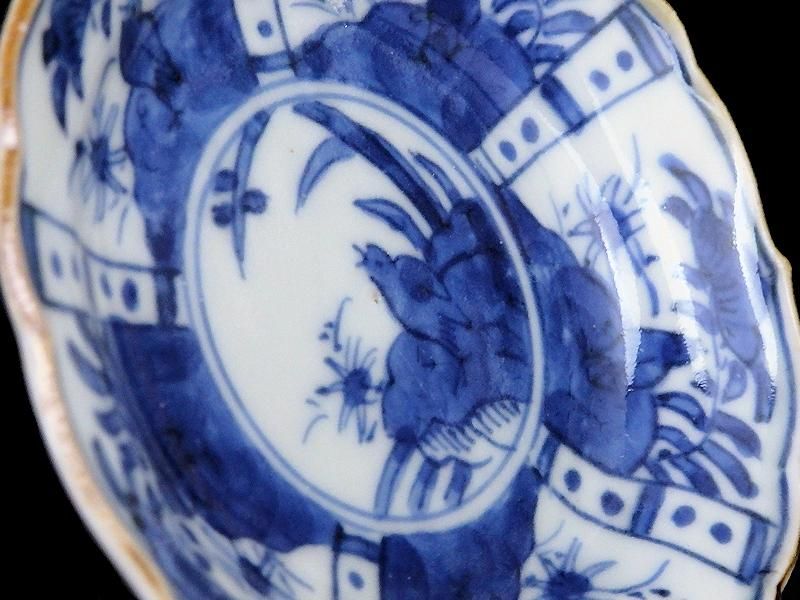 古伊万里 染付 芙蓉手 草花紋に鳥図 豆皿