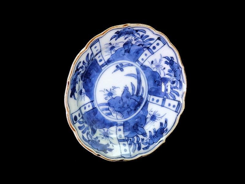 古伊万里 染付 芙蓉手 草花紋に鳥図 豆皿