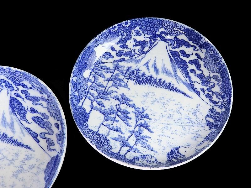 古伊万里 染付 型刷り印判 富士に龍図 5寸皿 2枚セット