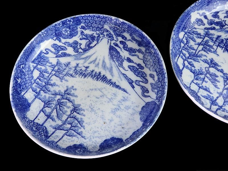 古伊万里 染付 型刷り印判 富士に龍図 5寸皿 2枚セット