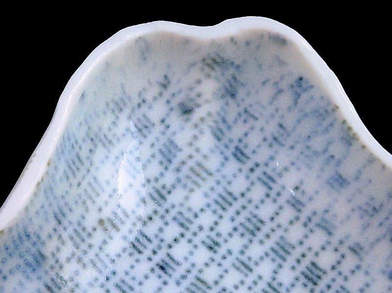 古伊万里 染付 型刷印判 幾何学文様図 糸巻形変形皿 江戸期