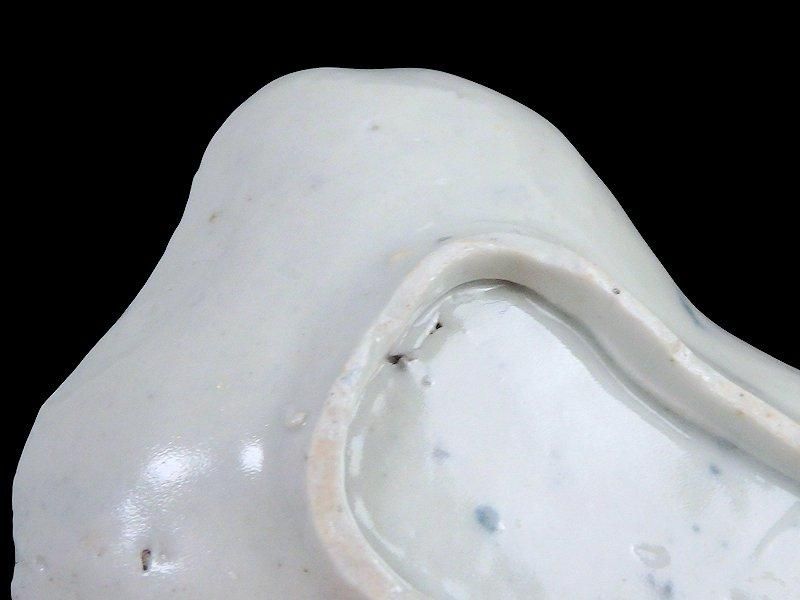 古伊万里 染付 型刷印判 松葉に幾何学文様図 糸巻形変形皿 江戸期