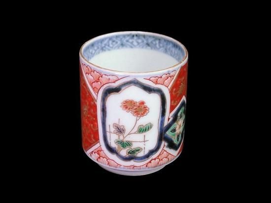 古伊万里 色絵 窓絵金唐草に花図 のぞき 猪口