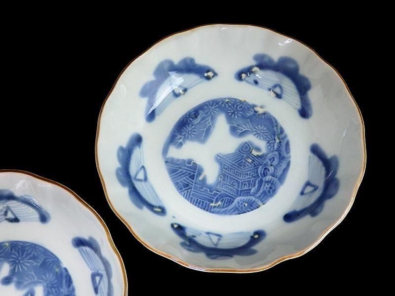 古伊万里 染付 松に東塔 蝶図 膾皿 2枚セット