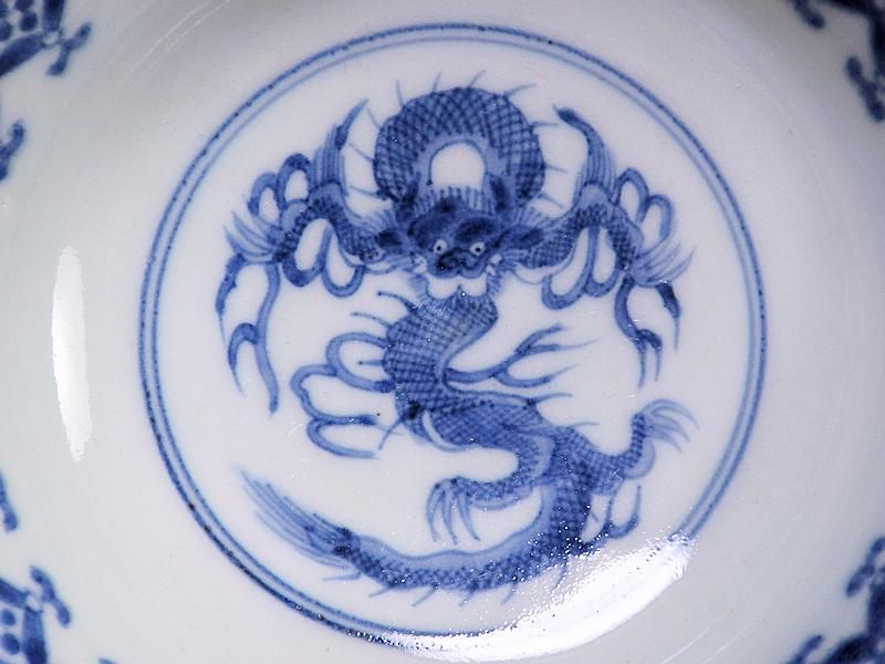 古伊万里 染付 七宝繋ぎ紋に龍の図 膾皿 5枚セット