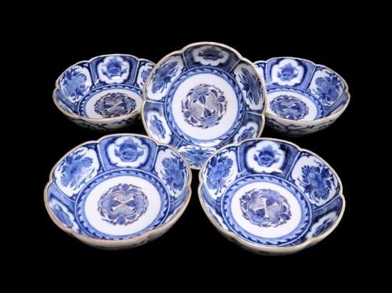 古伊万里 染付 花に獅子の図 膾皿 5枚セット