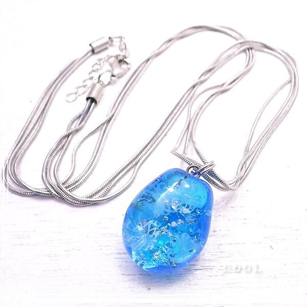 ブルー 銀箔 ガラス トンボ玉 ネックレス メタルチェーン 青 ガラス