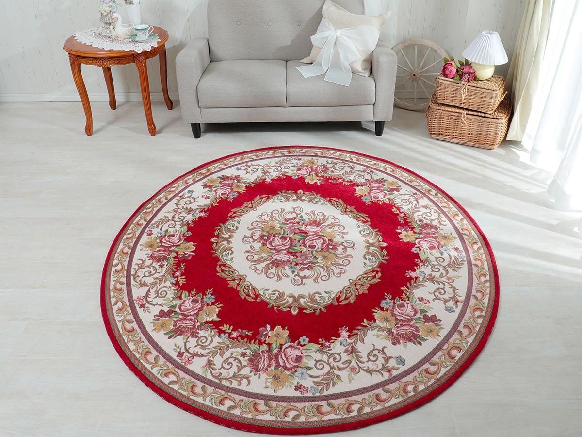 丸洗いOK！ゴブラン織りヨーロピアン調花柄ラグ『ジェンヌ レッド約