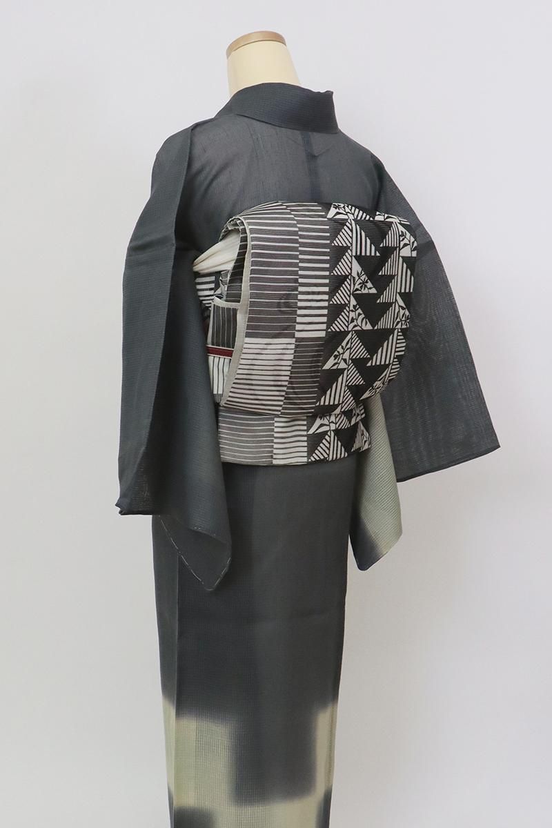 あおき【L-6832】二代目川村久太郎 絽 染洒落袋帯 墨色 幾何文（落款入