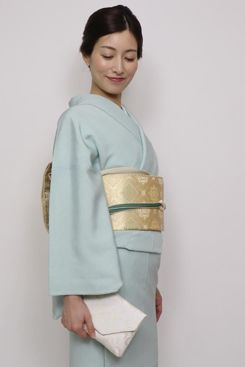 G-2700】京都衿秀 博多織数寄屋袋 象牙色×薄卵色 唐草文 - 銀座きもの