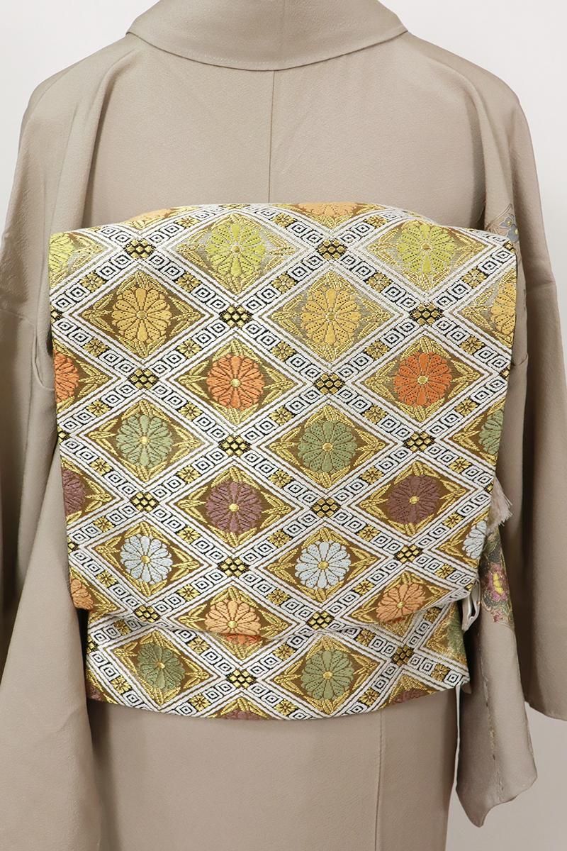 あおき【L-7327】西陣 河合美術織物 袋帯 金色 花菱文（落款入・証紙付