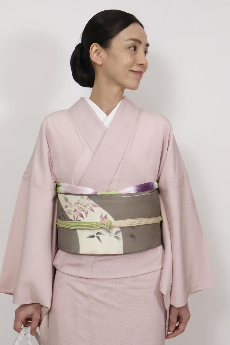 W-3051】衿秀製 絽 帯揚げ 七宝地紋に横段暈かし 今紫色×灰桜色×若菜色