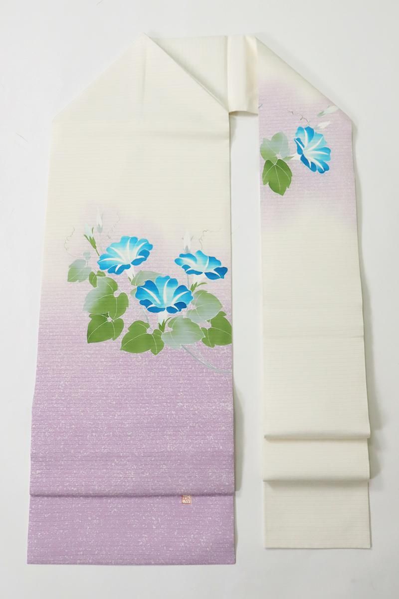 あおき【K-9806】絽塩瀬 染名古屋帯 象牙色×薄葡萄色 朝顔の図（落款入