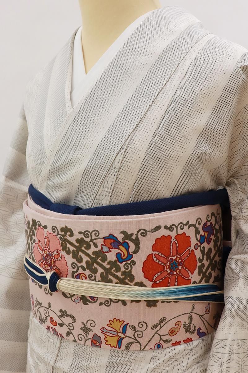 あおき【H-0002】京都 しょうざん製 生紬地 染名古屋帯 灰桜色 花唐草