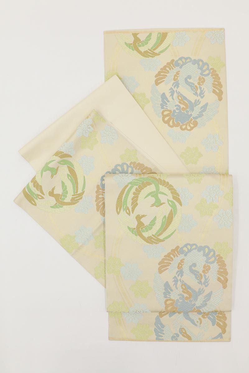 あおき【L-7657】西陣 川島織物製 本袋帯 ベージュ系 立涌に鳳凰の丸文