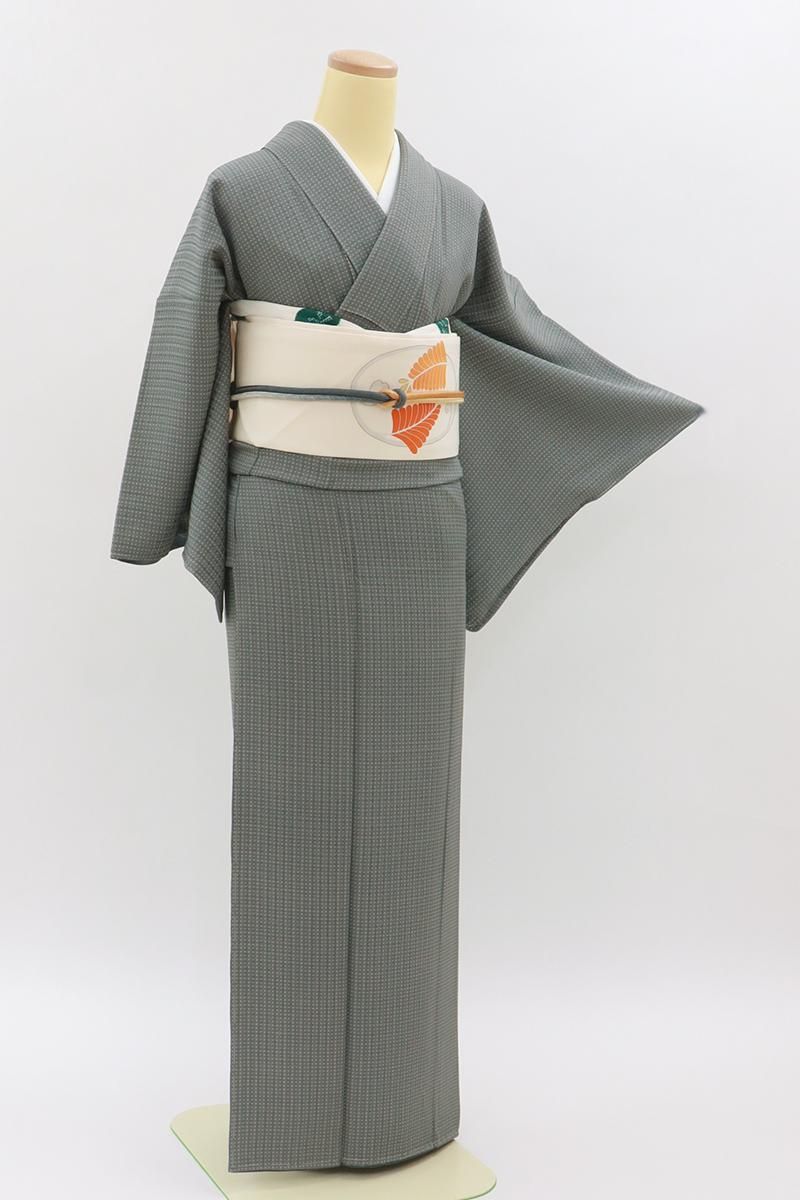 銀座【D-3637】伝統工芸士 田島輝久作 小紋 グレー系 幾何文（落款入