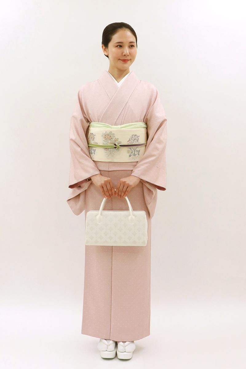 銀座【D-3632】小紋 ピンク系 唐草にドット（反端付） :身丈166/裄68