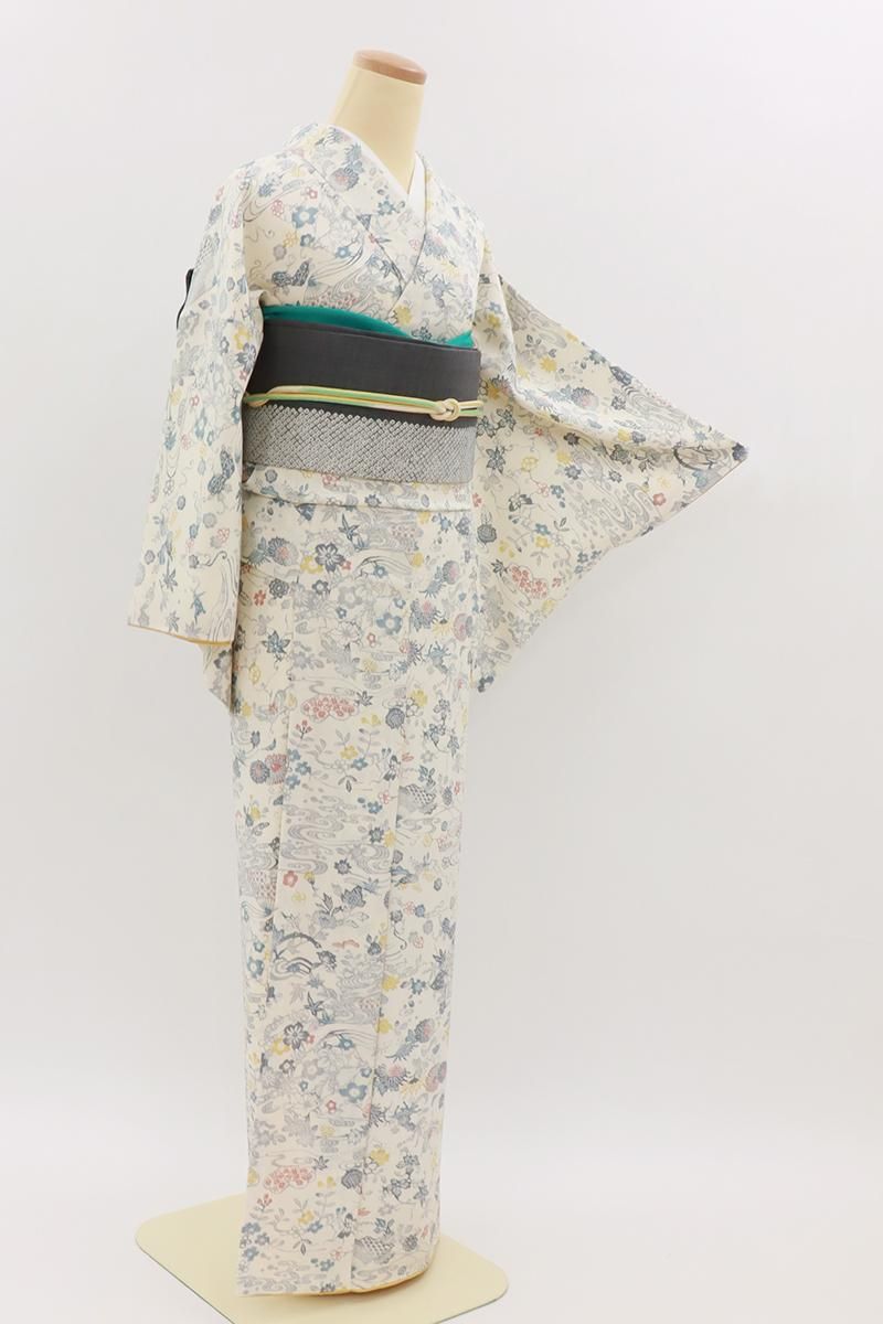 銀座【D-3640】型染 小紋 白色系 流水に四季花文 :身丈165.5/裄68
