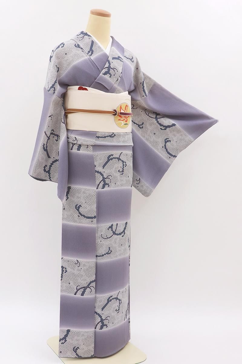 銀座【D-3643】縮緬地 小紋 紫色系 横段に疋田と波文 :身丈162/裄67