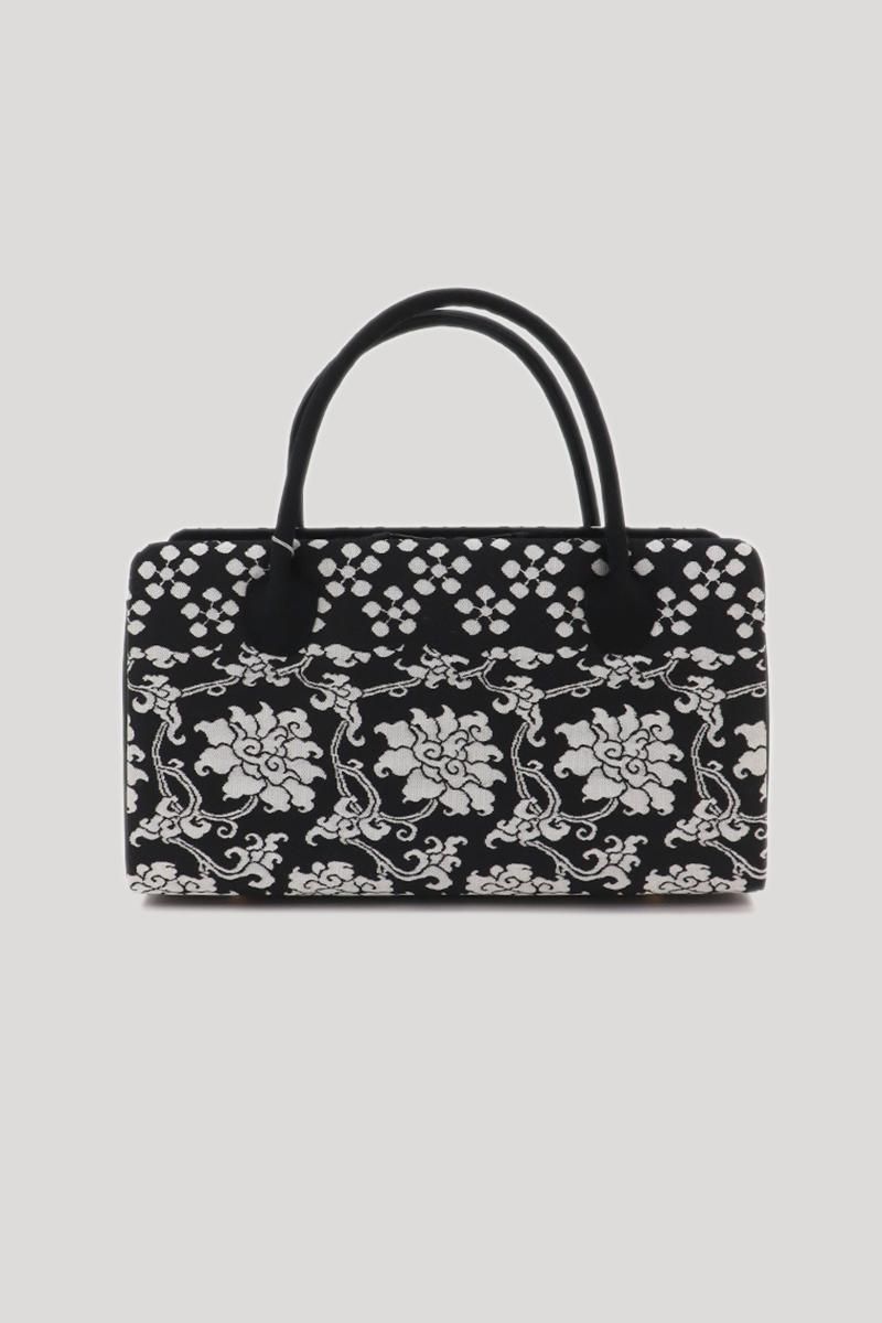 G-3231】利休バッグ 梅鉢に花唐草文 黒色×グレー系 - 銀座きもの青木