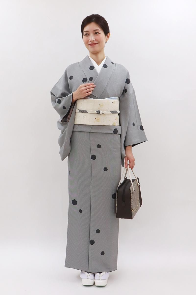 銀座【D-3650】横谷楠生作 小紋 グレー系 木賊縞に雪輪文（落款入