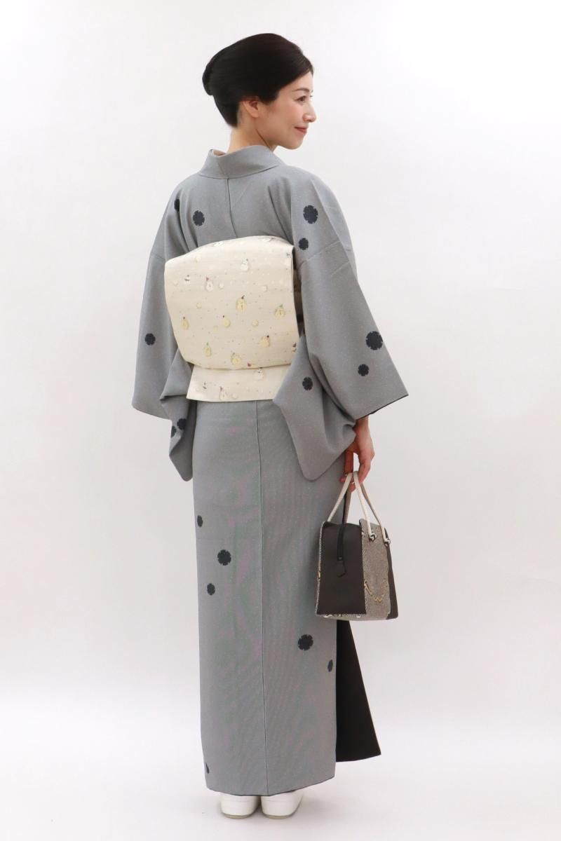 銀座【D-3650】横谷楠生作 小紋 グレー系 木賊縞に雪輪文（落款入