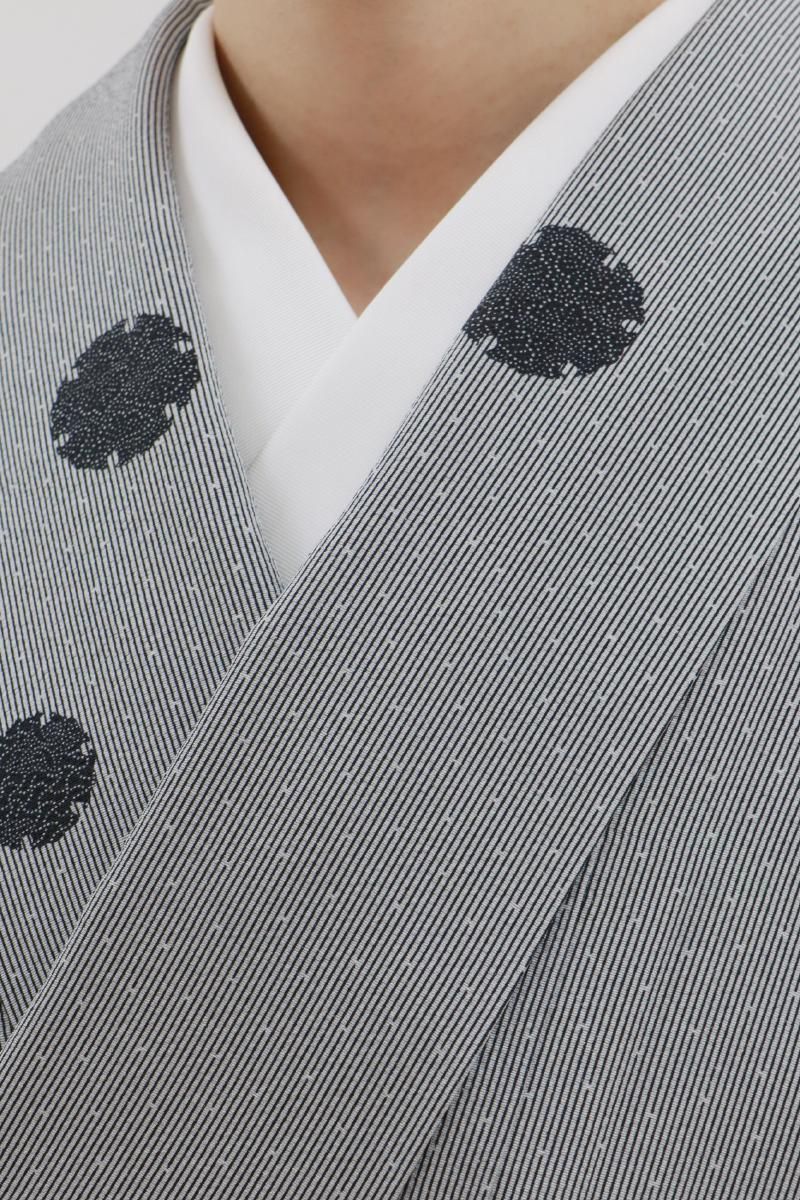 銀座【D-3650】横谷楠生作 小紋 グレー系 木賊縞に雪輪文（落款入