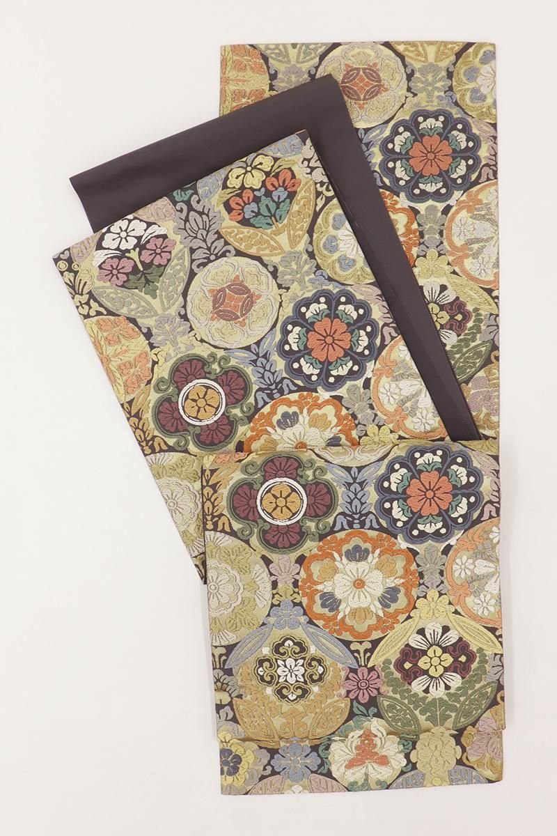 銀座【L-7894】西陣製 袋帯 グレー系 華文（落款入） - 銀座きもの青木