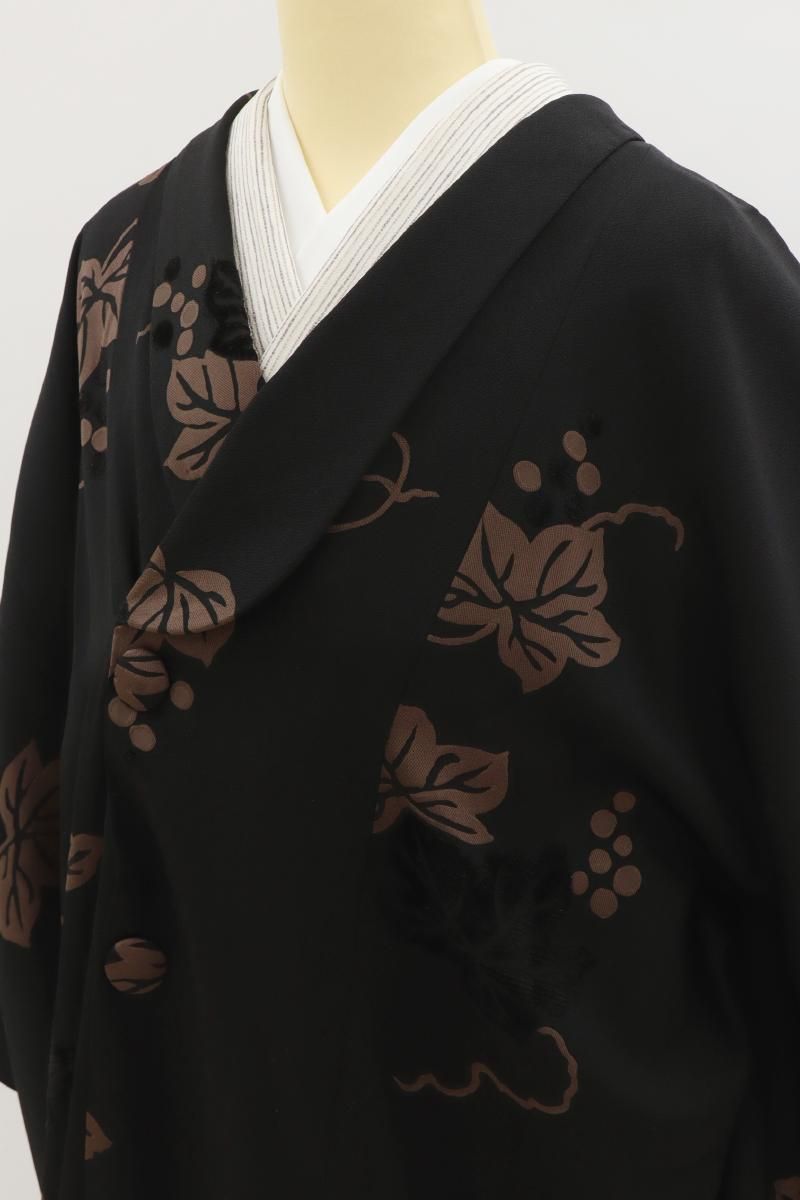 銀座【E-2154】輪奈ビロード 和装コート 黒色 山葡萄の図 :身丈99.5/裄
