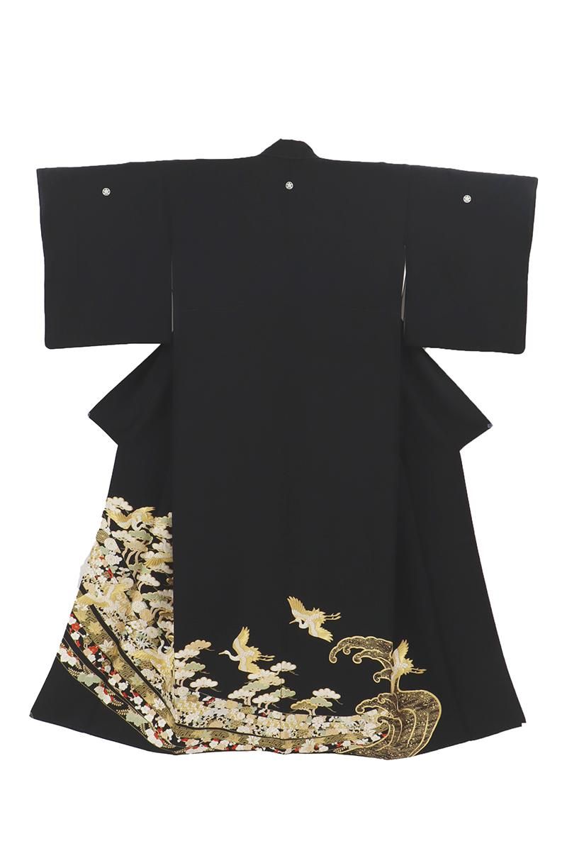 銀座【B-3910】染五ッ紋 総刺繍 黒留袖 四季花に鶴の図 :身丈157/裄67