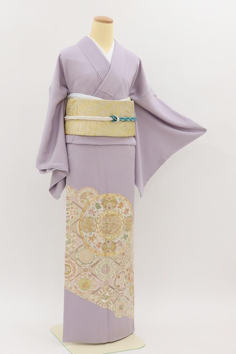 銀座【B-3959】繍一ッ紋 色留袖 紫色系 南蛮船の丸や華文（反端付