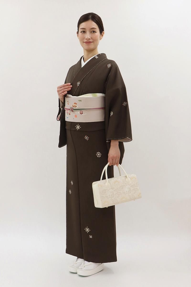 銀座【D-3679】小紋 茶色系 装飾文 :身丈157/裄65 - 銀座きもの青木