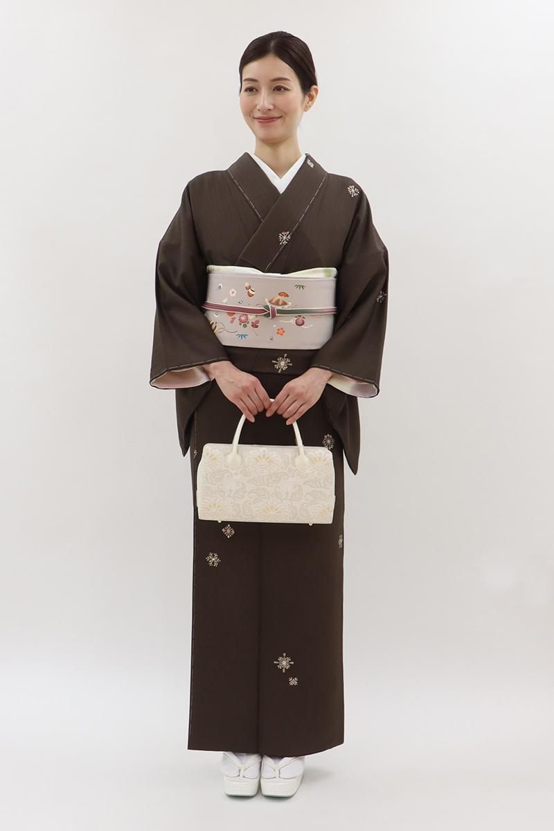 銀座【D-3679】小紋 茶色系 装飾文 :身丈157/裄65 - 銀座きもの青木