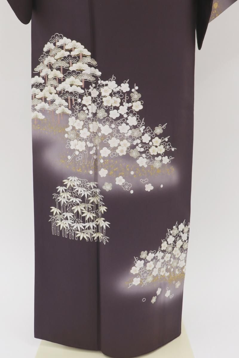 銀座【B-3989】刺繍 訪問着 黒紫色 松竹梅の図 :身丈157/裄65 - 銀座