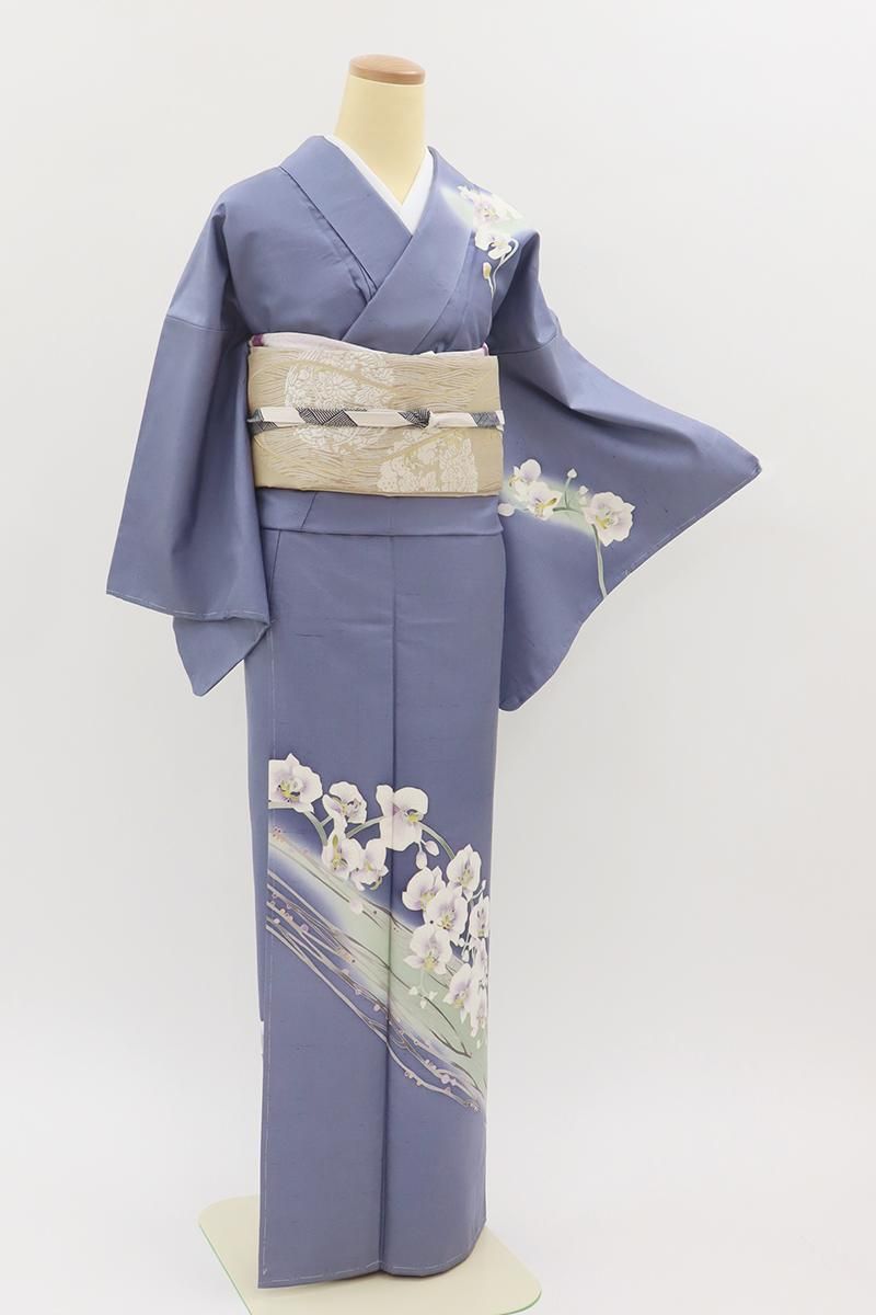 あおき【B-4006】白山紬地 訪問着 暗い青藤色 蘭の図（落款入・証紙付